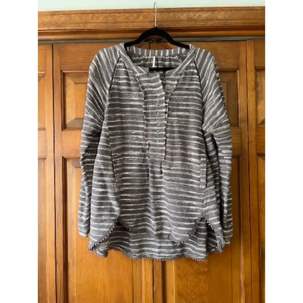 Free People Striped Tweed Hideaway Henley Top Boho Oversized Long Sleeve SZ S - Picture 2 of 13